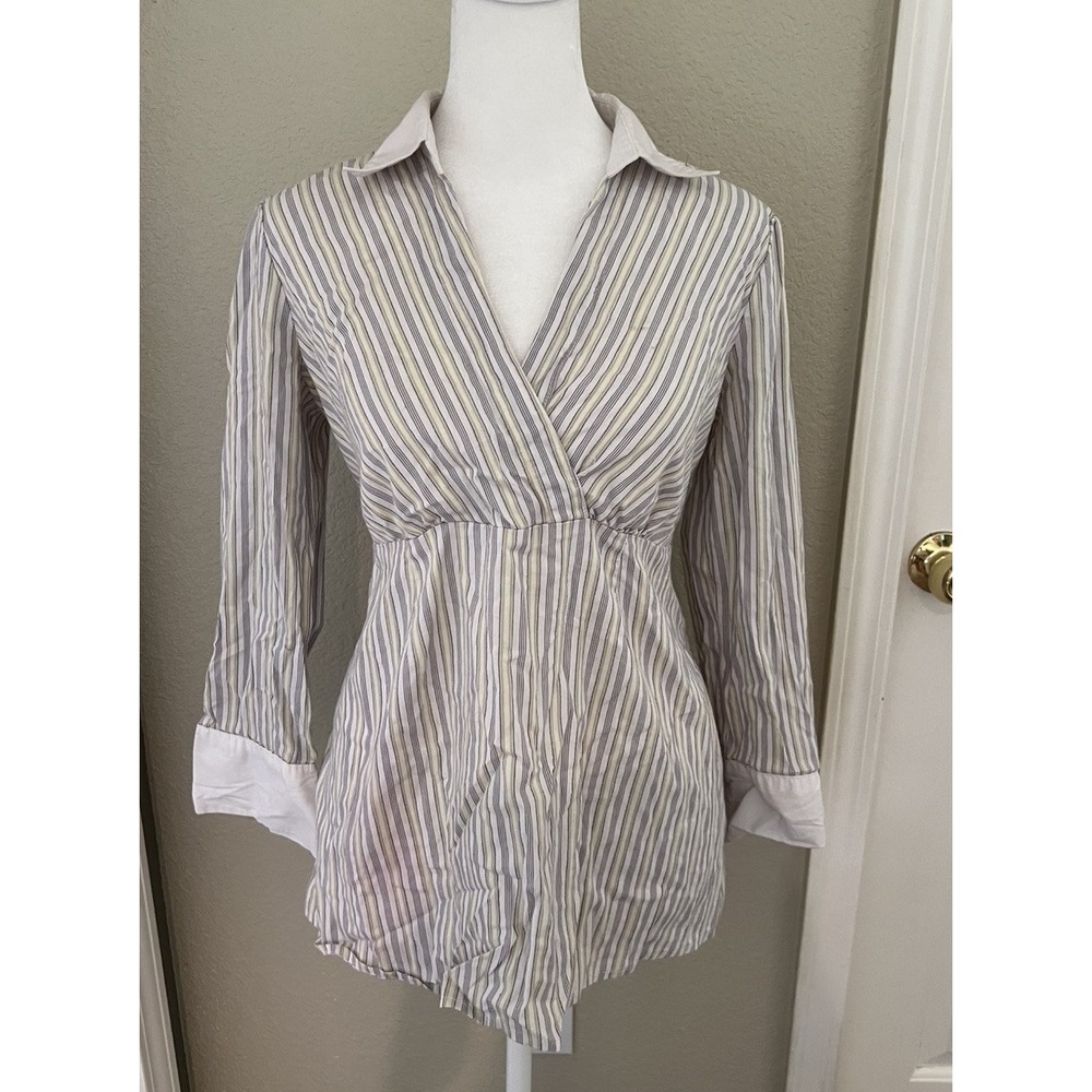 Motherhood Maternity 3/4 Sleeve Green Striped Blouse Boho Shirt Women's S Flaws